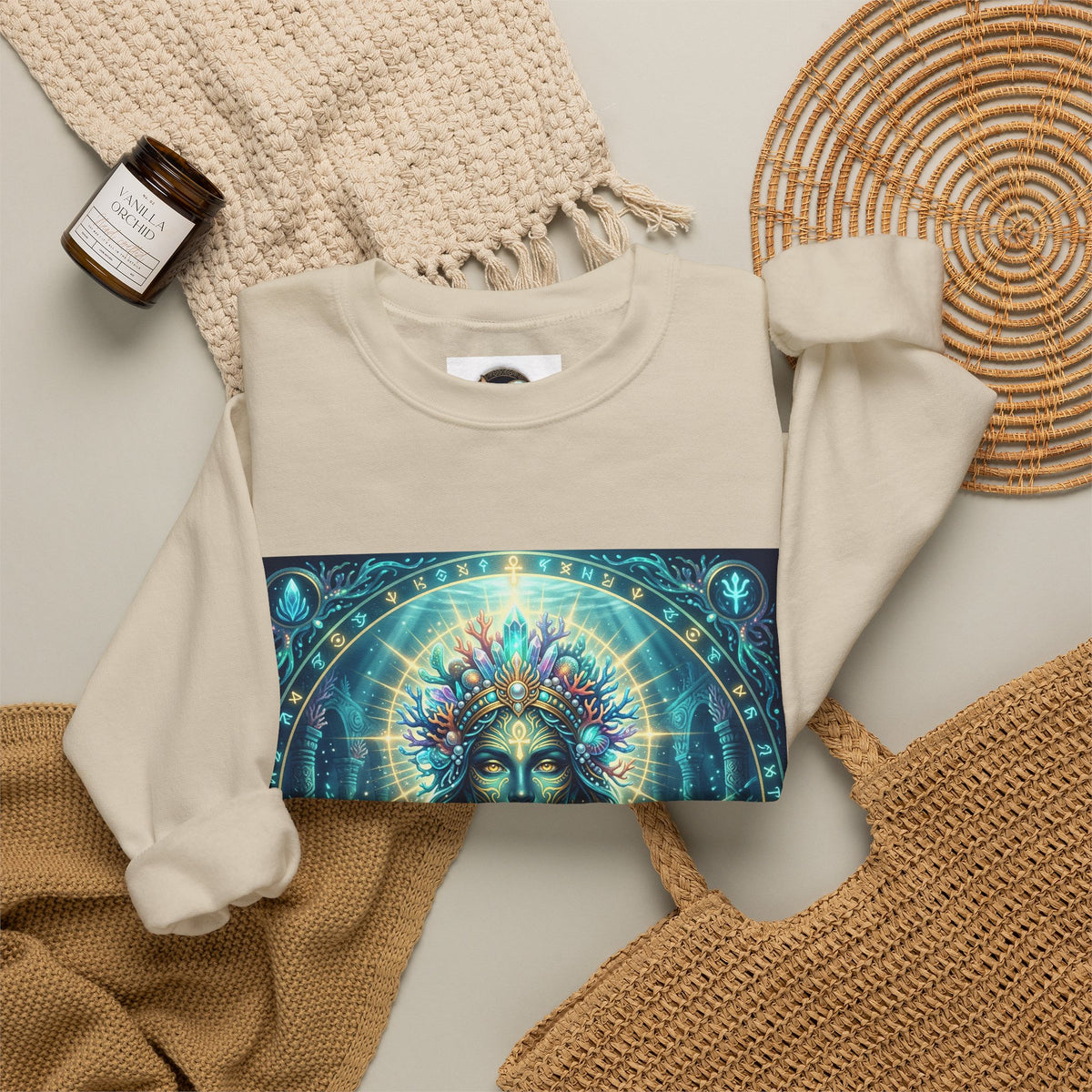 Mystic Goddess Crewneck Sweatshirt — Neon Spiritual Art Pullover