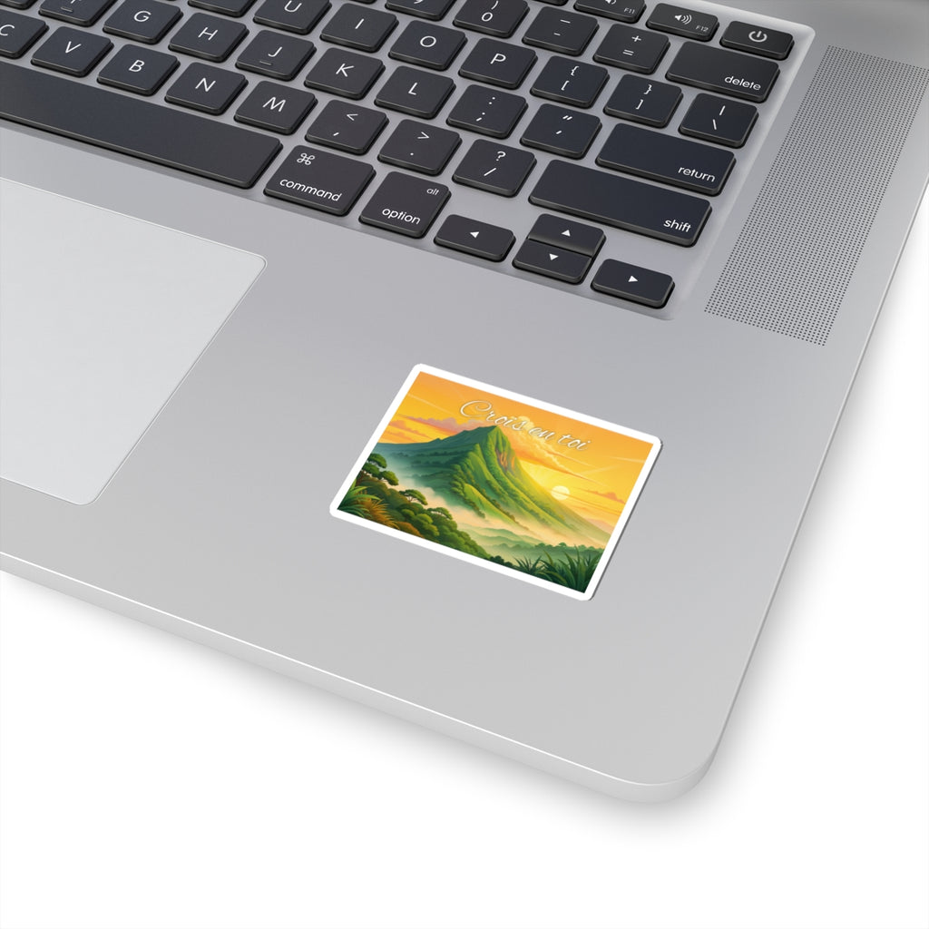 Inspirational Mountain Sunset Sticker — "Crois en toi" Motivational Kiss-Cut Sticker