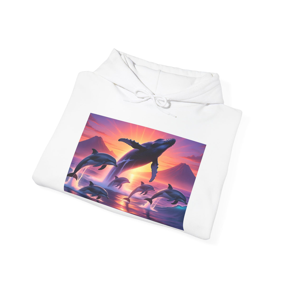 Dolphin Sunset Hoodie — Majestic Jump Ocean Graphic Sweatshirt