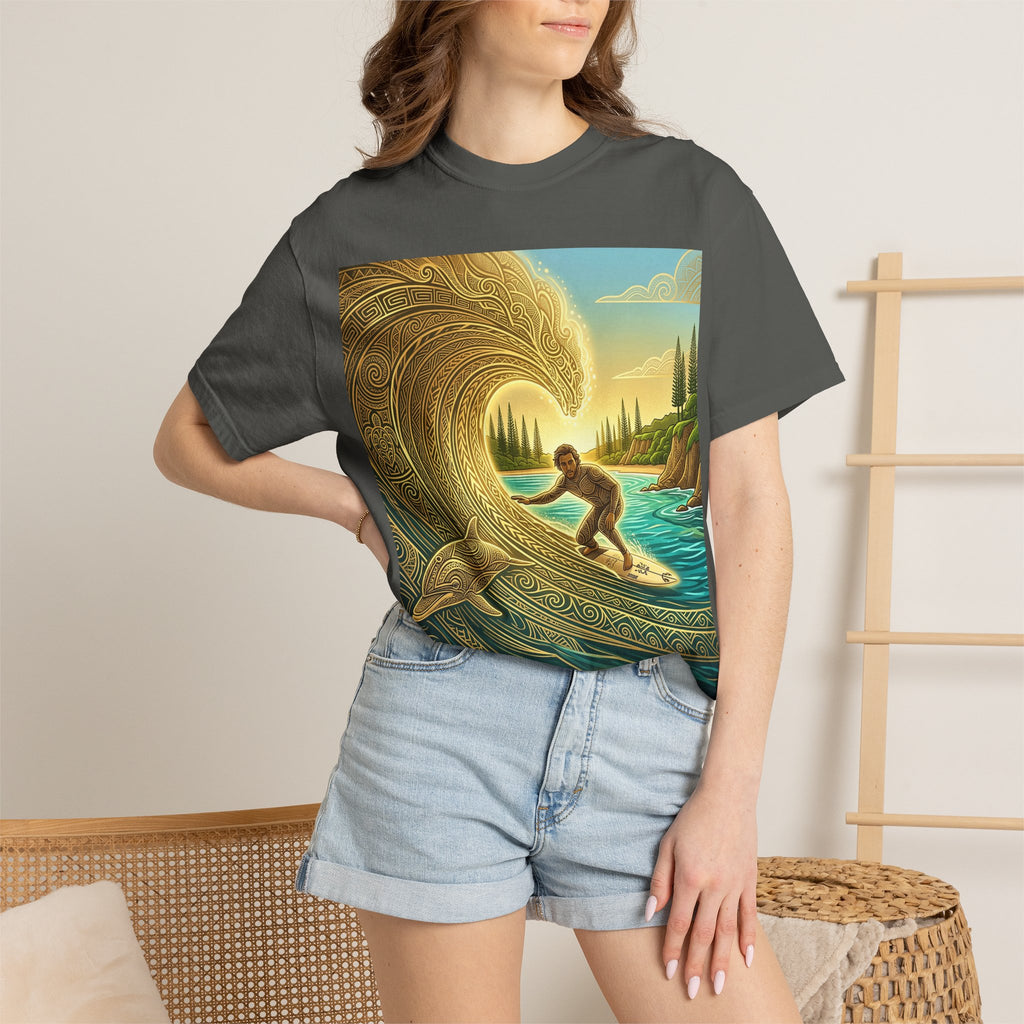 Surfer and Dolphin Wave T-Shirt | Vintage Coastal Surf Art