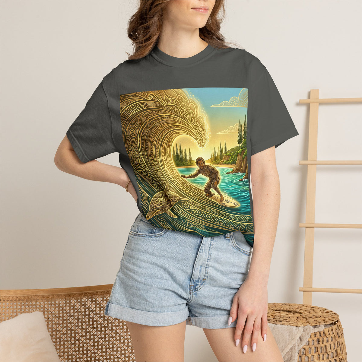 Surfer and Dolphin Wave T-Shirt | Vintage Coastal Surf Art