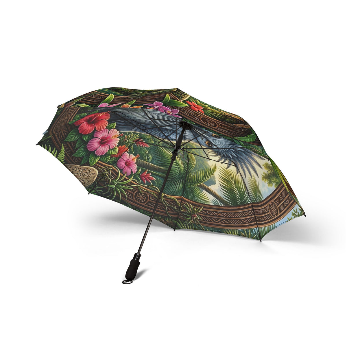 Tropical Bird Compact Umbrella — Foldable Semi‑Automatic Rain Umbrella with Exotic Parrot & Hibiscus Design