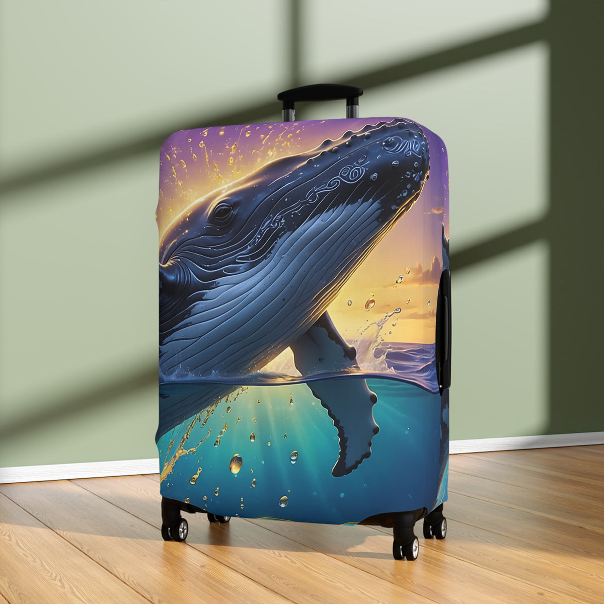 Whale Sunset Luggage Cover — Vibrant Ocean Whale Print Travel Protector