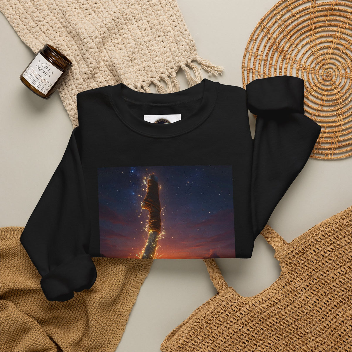 Crewneck Sweatshirt — Fiery Hook Graphic Crewneck (Stormy Sunset, Flaming Fish Hook)