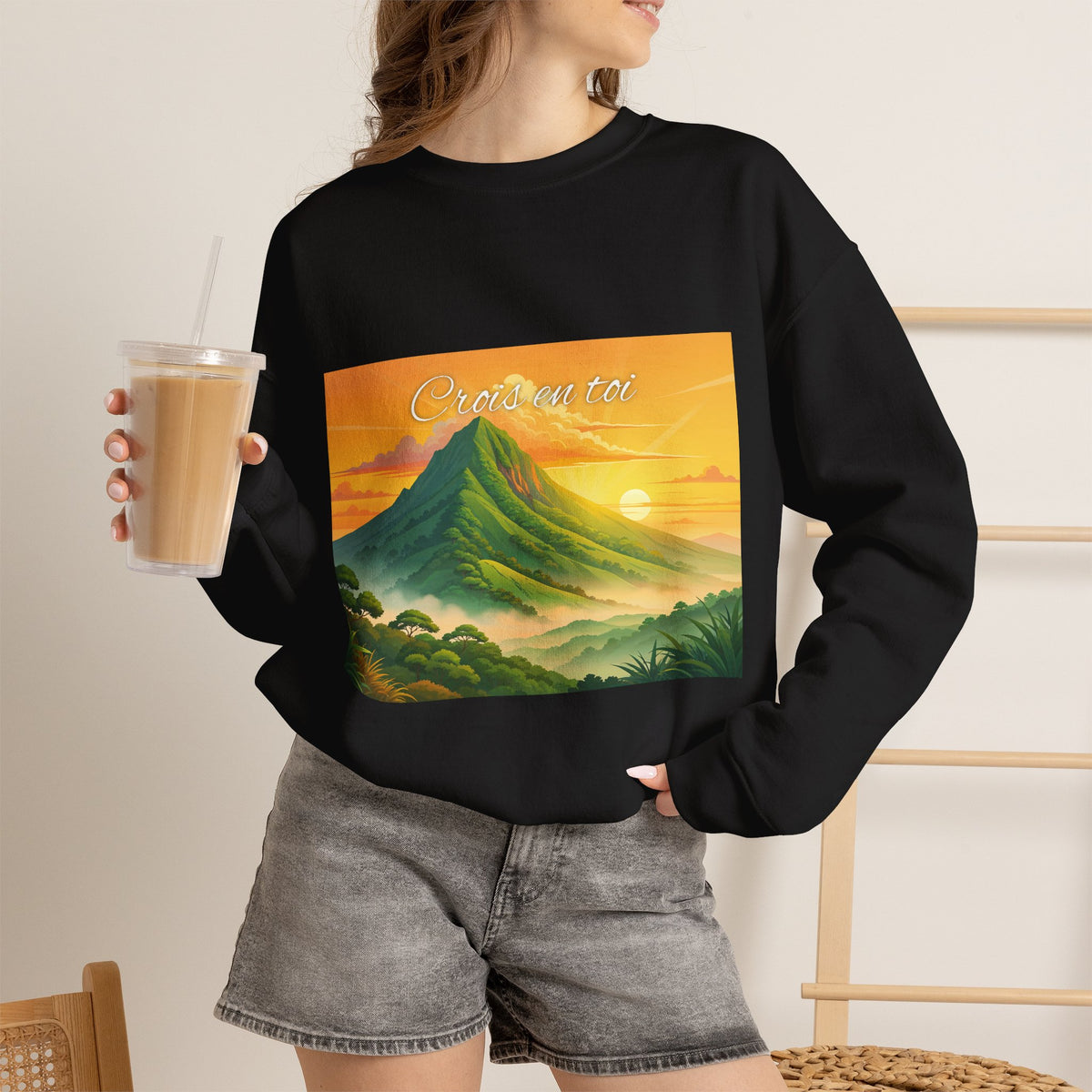 Crewneck Sweatshirt — Tropical Sunrise Volcano Graphic 'Curaçao'