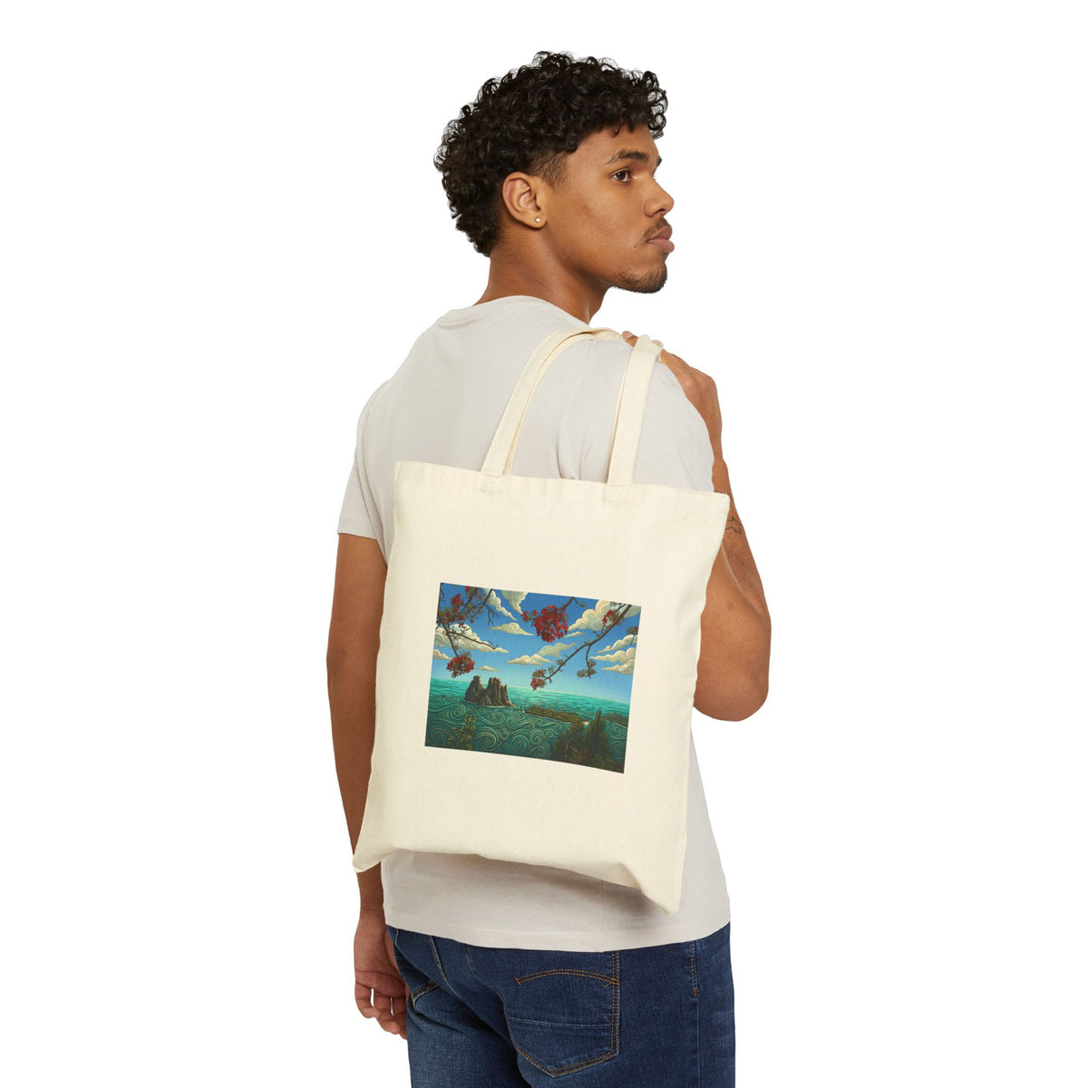 Surreal Sky Art Tote — Canvas Bag with Flying Leaves Scenic Print