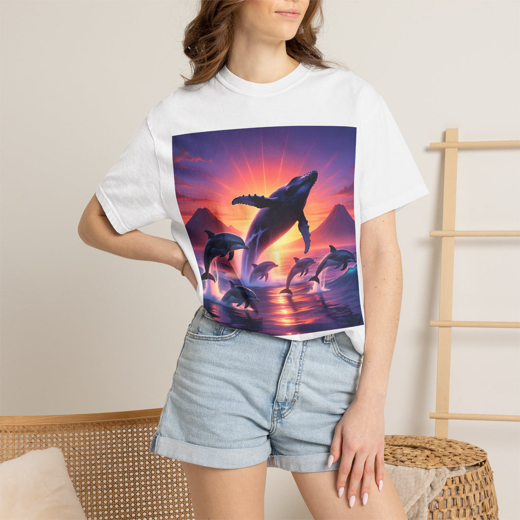 Sunset Whale & Dolphins T-Shirt — Vintage Ocean Sunset Graphic Tee