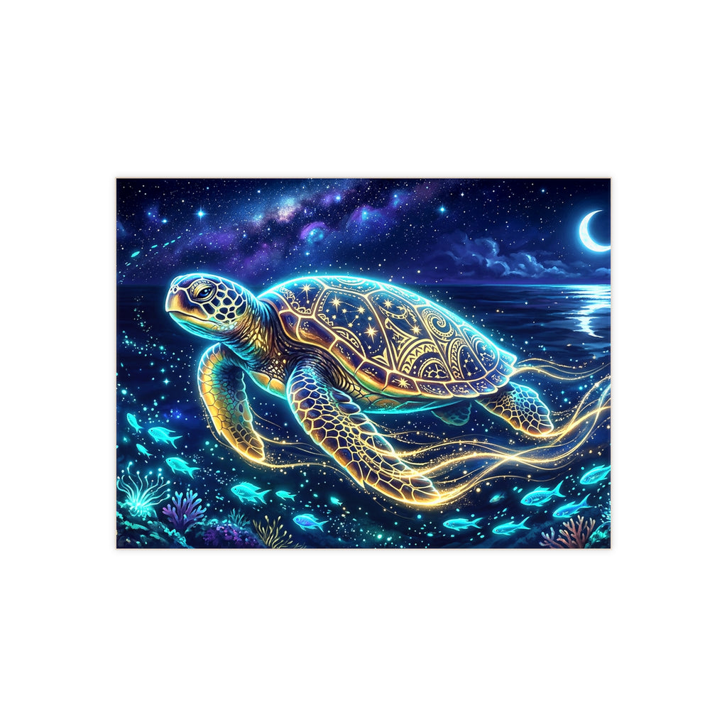 Sea Turtle Ceramic Photo Tile — Glowing Night Ocean Wall Art