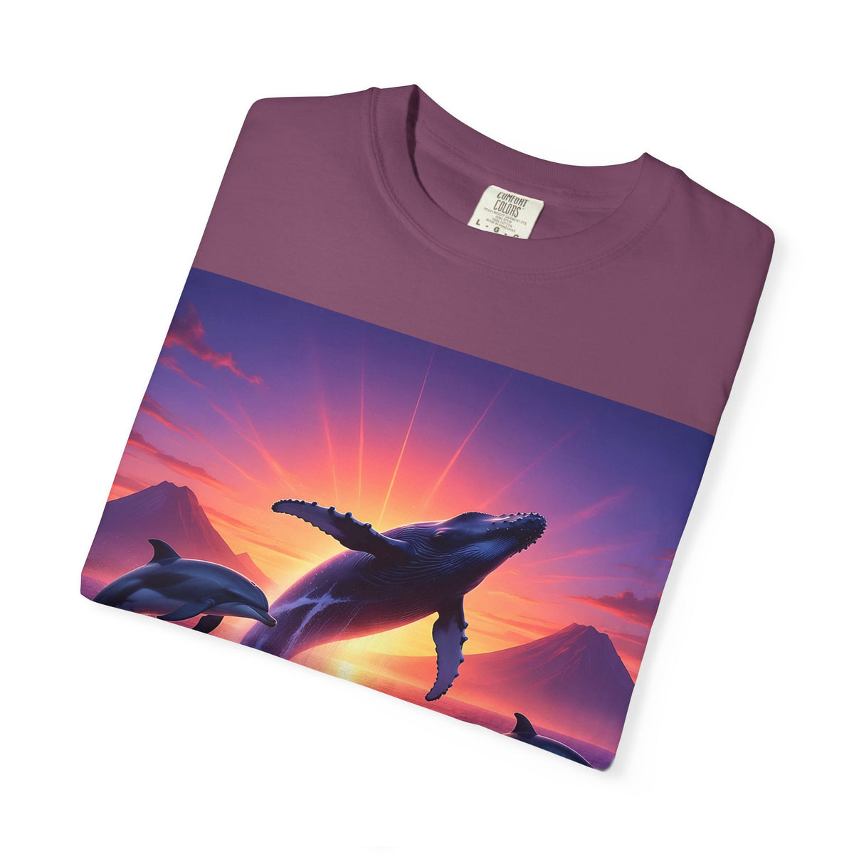 Sunset Whale & Dolphins T-Shirt — Vintage Ocean Sunset Graphic Tee