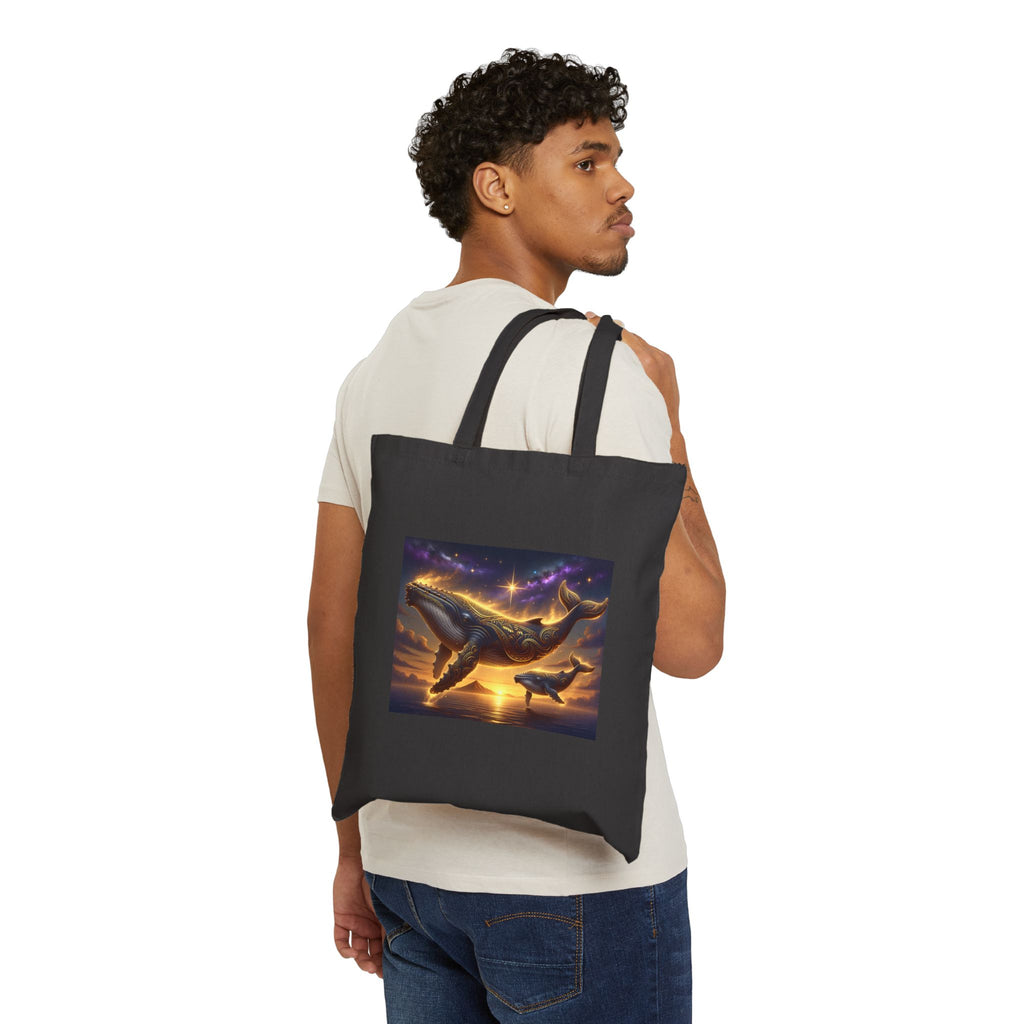 Whale Sunset Canvas Tote Bag — Ocean Dolphin Art Grocery Beach Tote