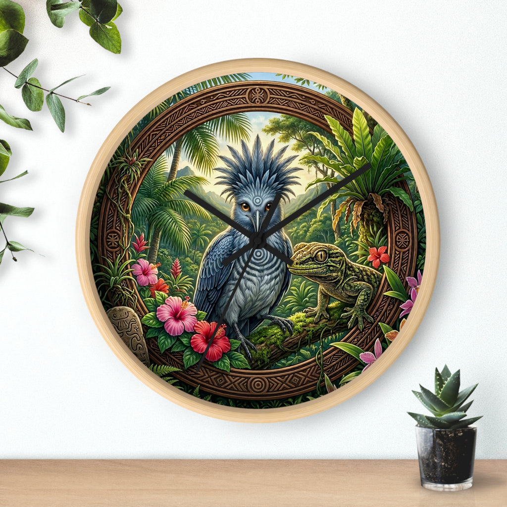 Tropical Bird Wall Clock — Blue Palm Cockatoo & Lizard Jungle Decor