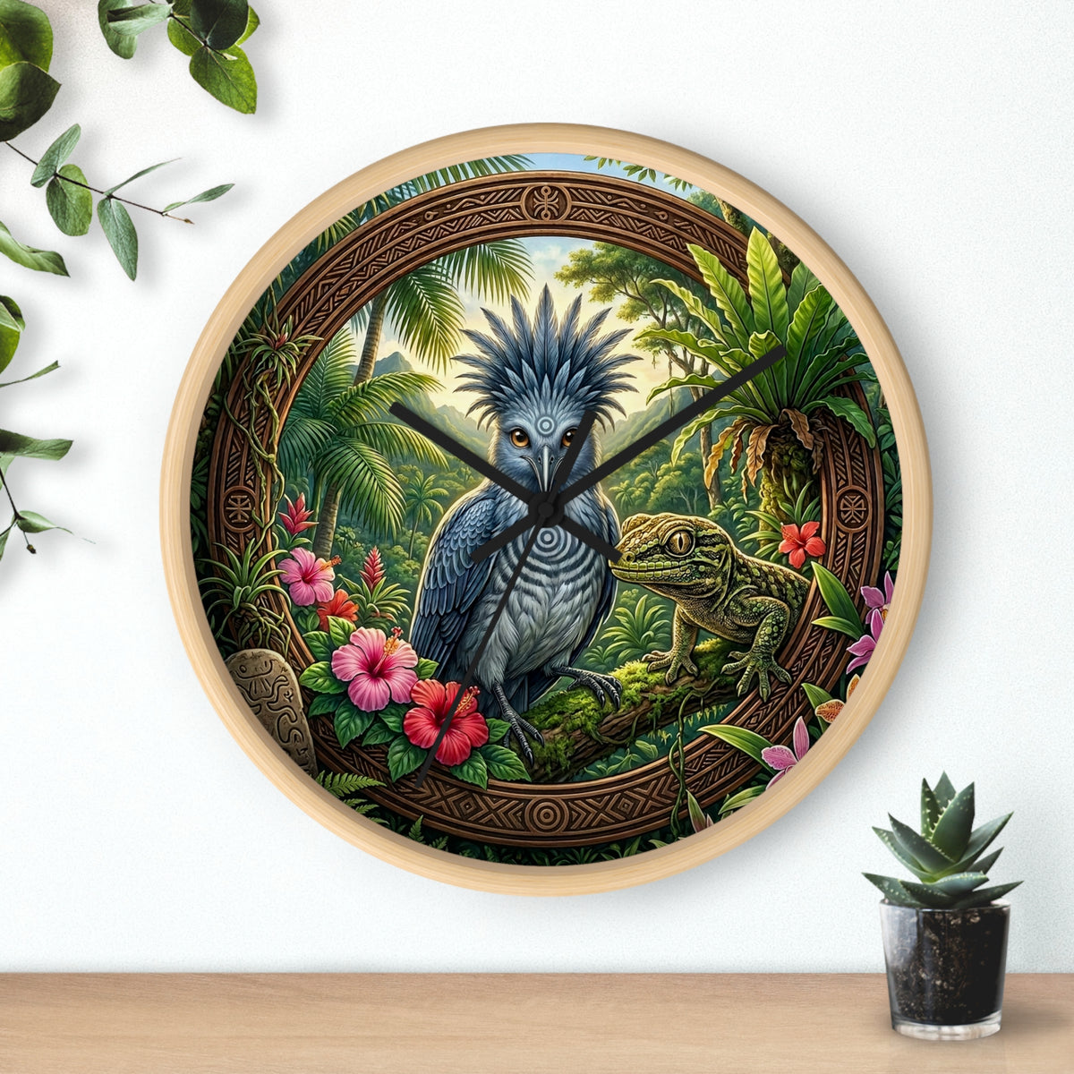 Tropical Bird Wall Clock — Blue Palm Cockatoo & Lizard Jungle Decor