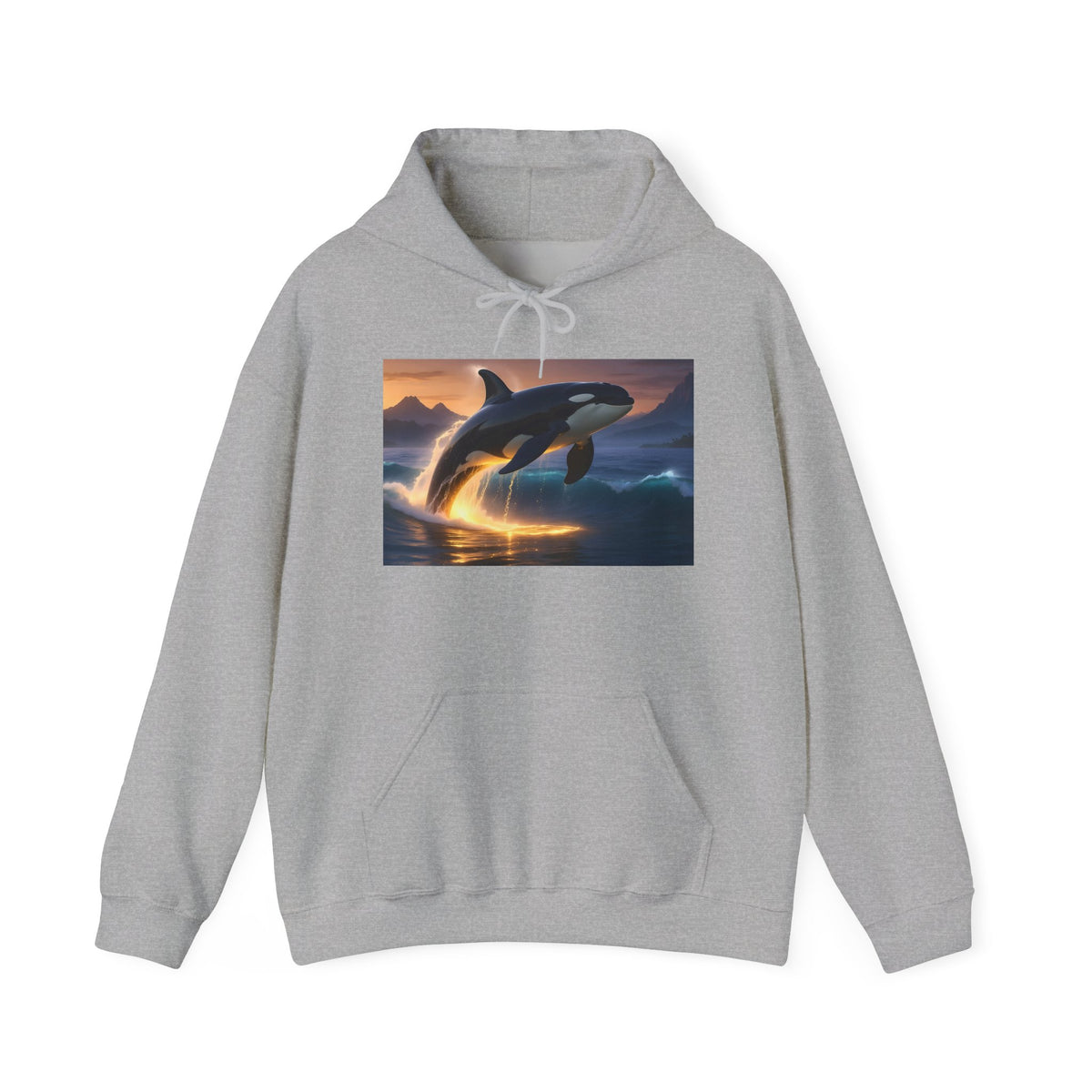 Orca Sunset Hoodie — Majestic Whale Jump Graphic Sweatshirt