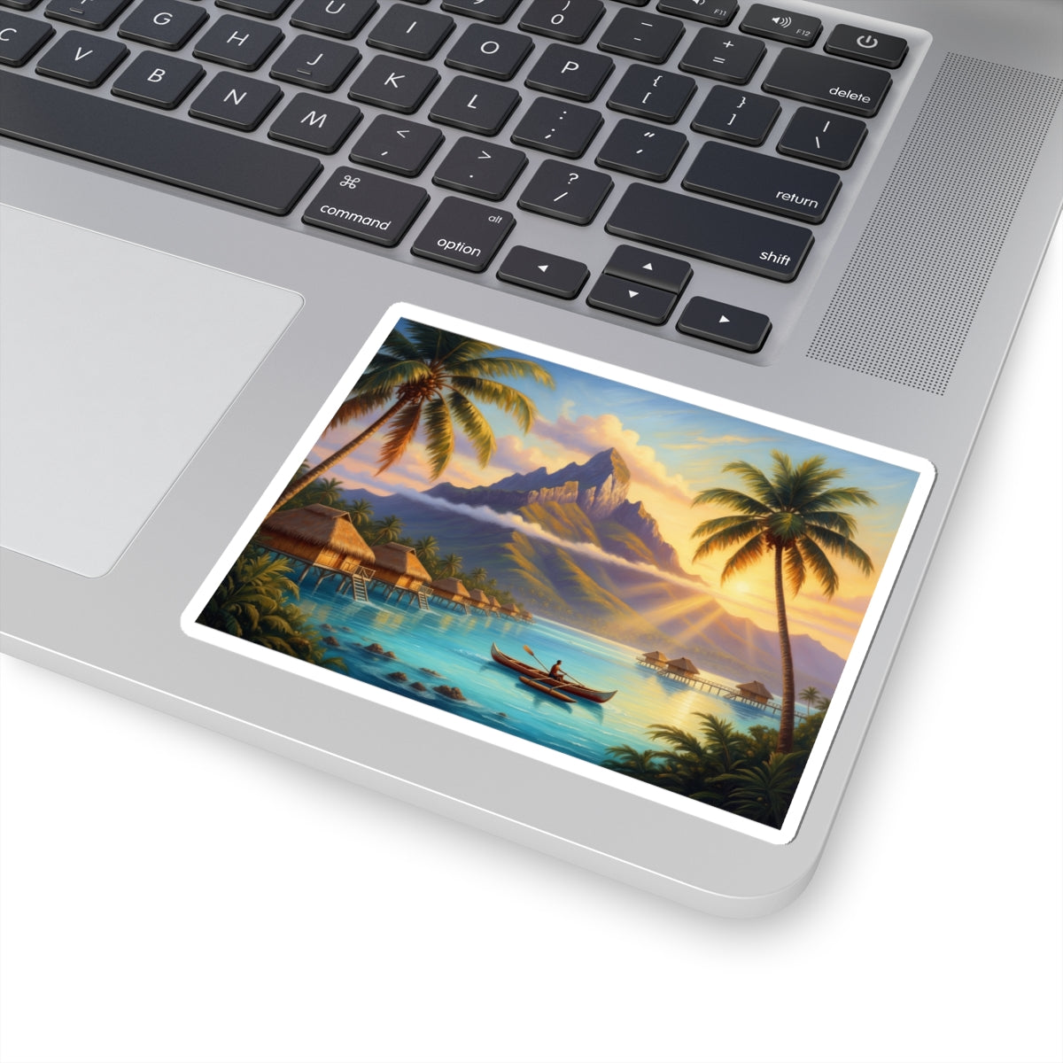 Tropical Island Sunset Sticker — Vintage Polynesian Beach Scene Kiss-Cut Sticker