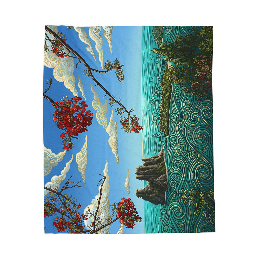 Velveteen Plush Blanket — Tranquil Coastal Art Throw with Floral & Swirling Ocean Design