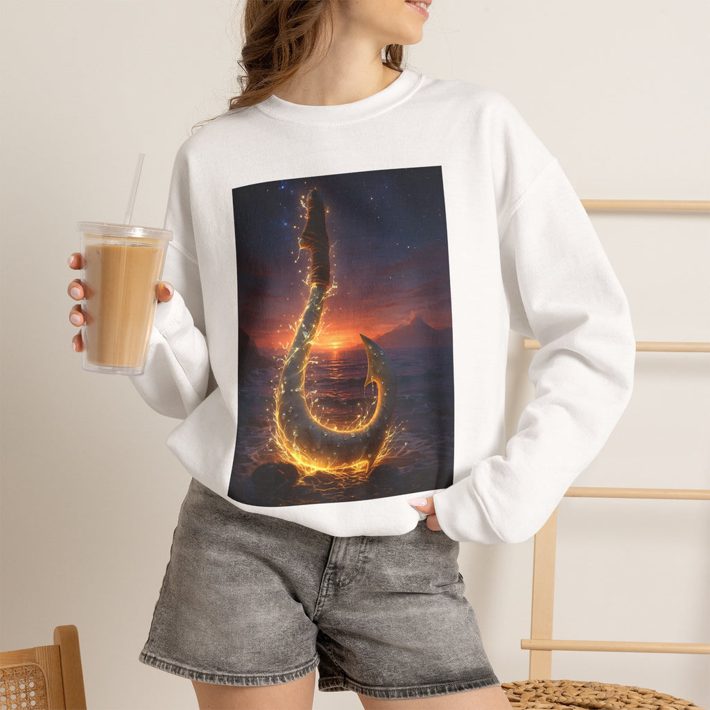 Crewneck Sweatshirt — Fiery Hook Graphic Crewneck (Stormy Sunset, Flaming Fish Hook)