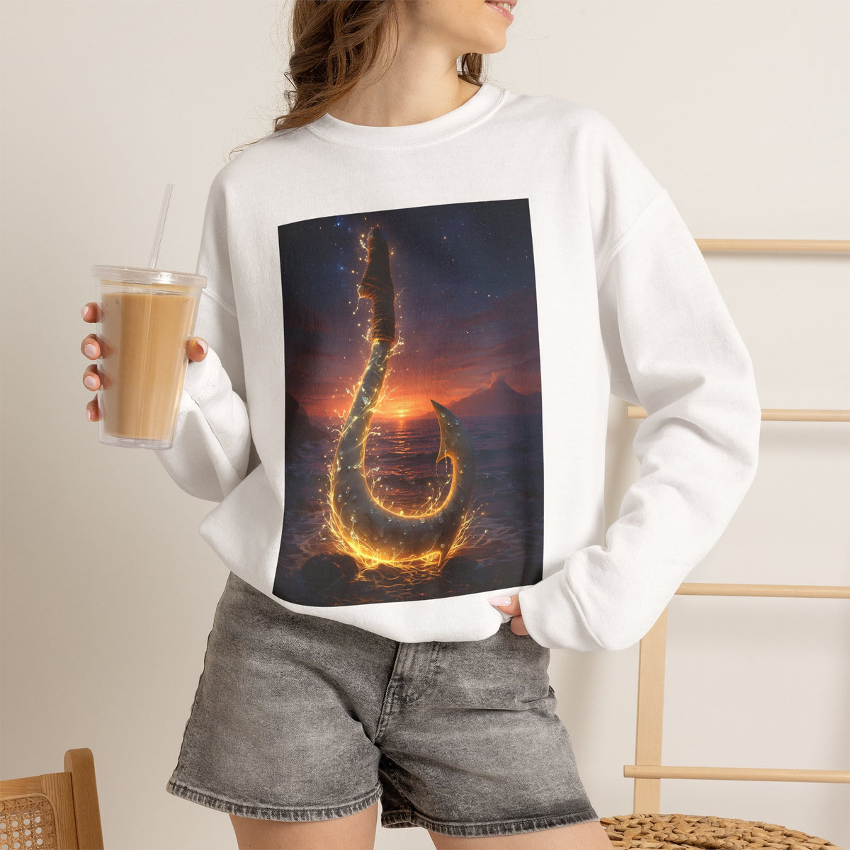 Crewneck Sweatshirt — Fiery Hook Graphic Crewneck (Stormy Sunset, Flaming Fish Hook)
