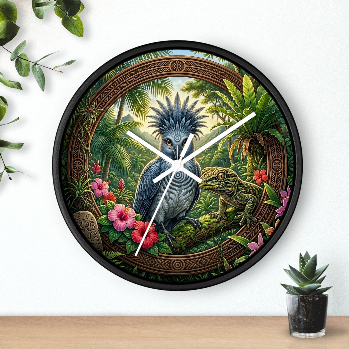 Tropical Bird Wall Clock — Blue Palm Cockatoo & Lizard Jungle Decor