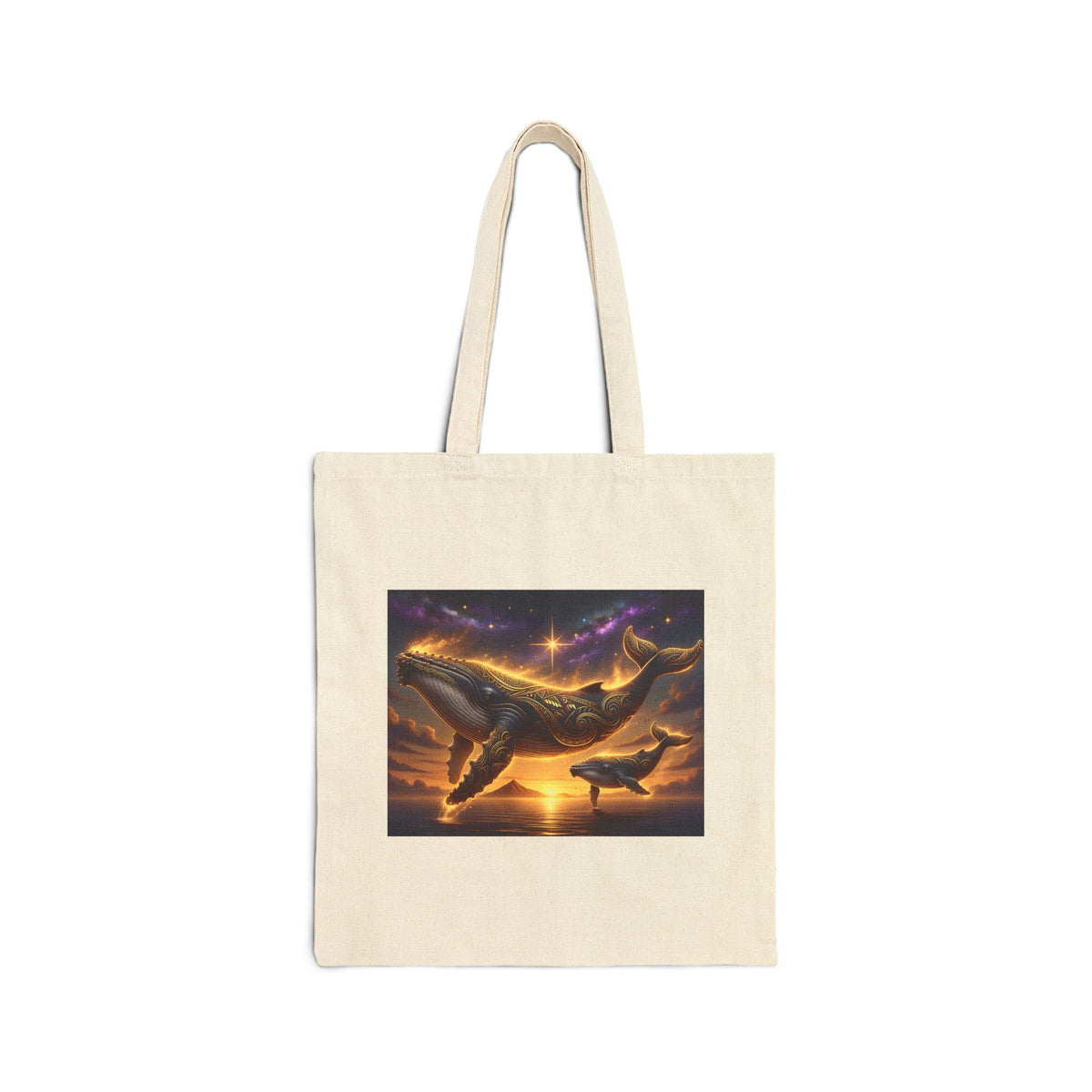 Whale Sunset Canvas Tote Bag — Ocean Dolphin Art Grocery Beach Tote