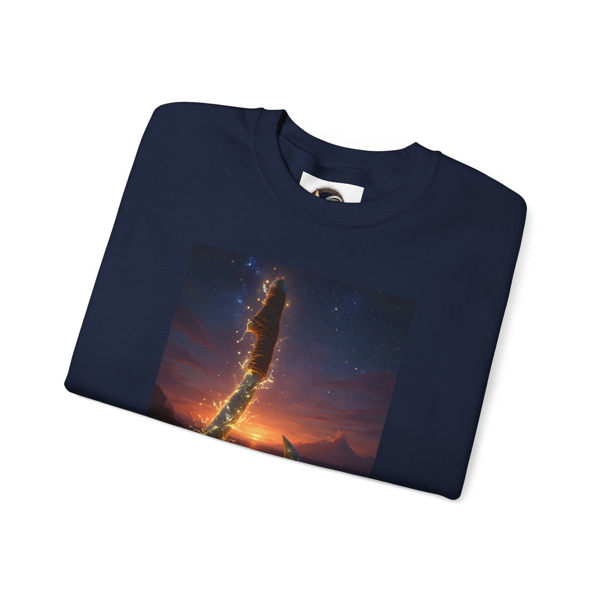 Crewneck Sweatshirt — Fiery Hook Graphic Crewneck (Stormy Sunset, Flaming Fish Hook)