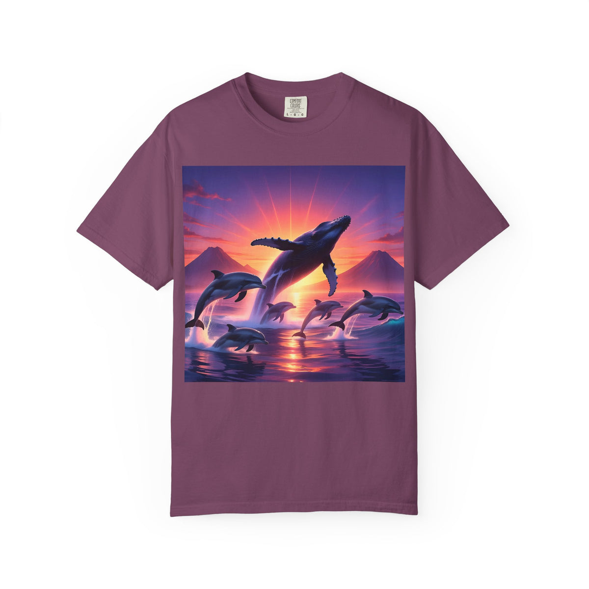 Sunset Whale & Dolphins T-Shirt — Vintage Ocean Sunset Graphic Tee