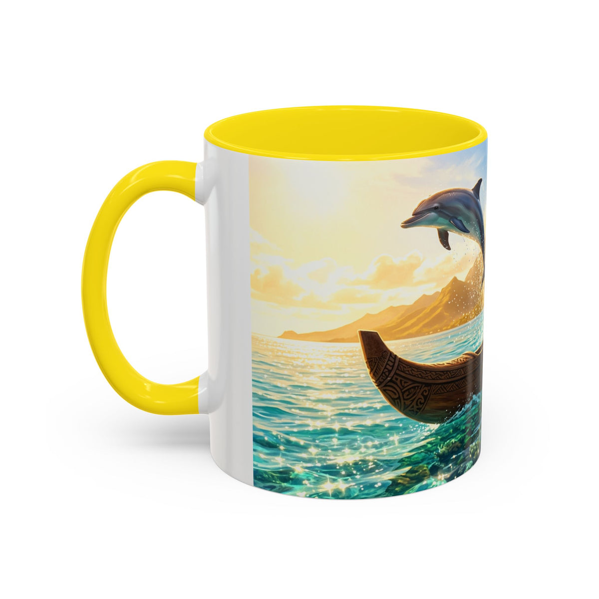 Tropical Canoe Coffee Mug — Ocean Dolphin Sunrise Scenic Mug (11/15oz)