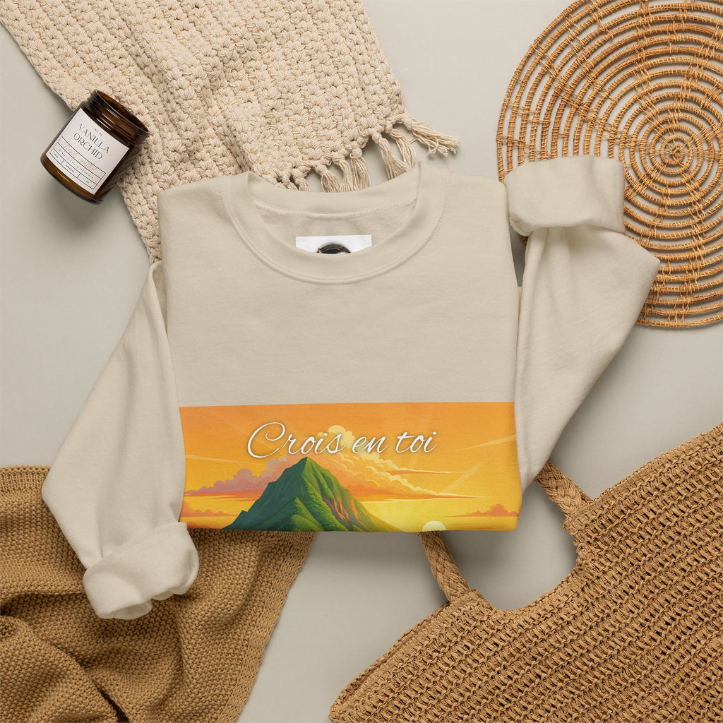 Crewneck Sweatshirt — Tropical Sunrise Volcano Graphic 'Curaçao'