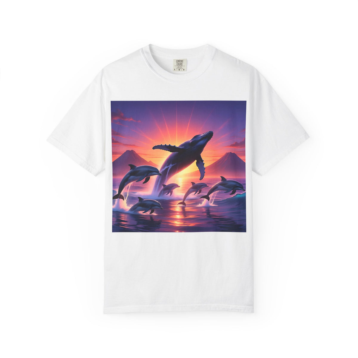 Sunset Whale & Dolphins T-Shirt — Vintage Ocean Sunset Graphic Tee