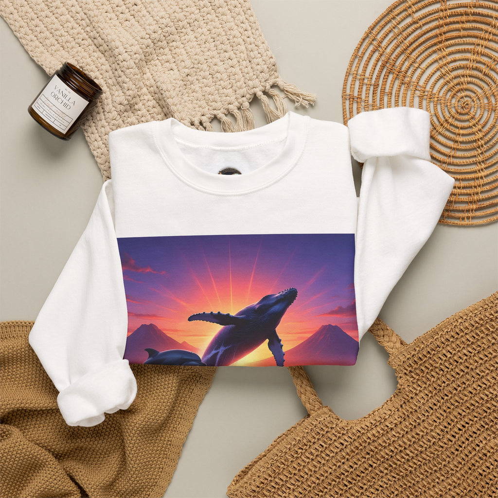 Whale Sunset Crewneck Sweatshirt — Ocean Dolphin Jump Graphic