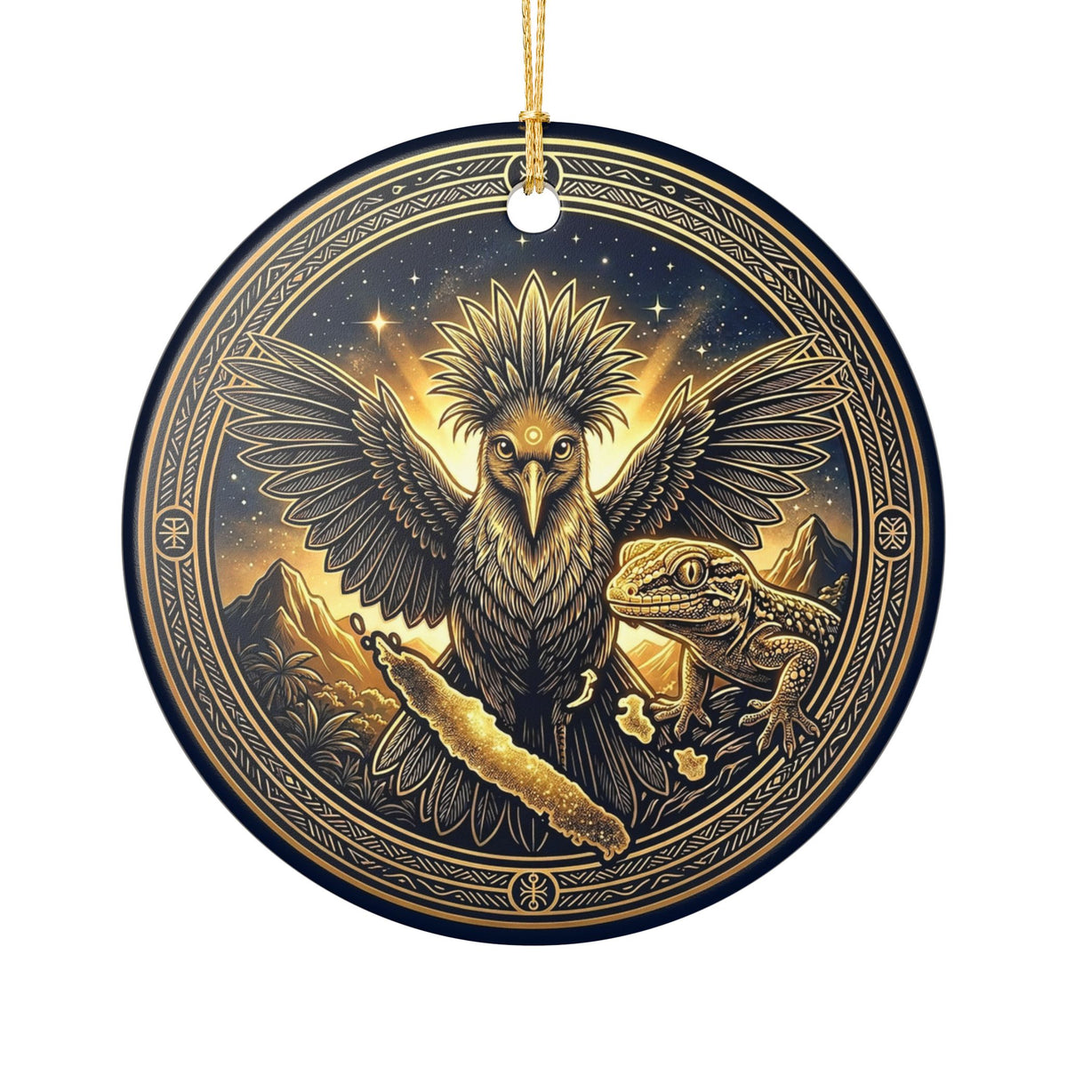 Ceramic Ornament — Mystic Raven & Lizard Medallion Holiday Decoration
