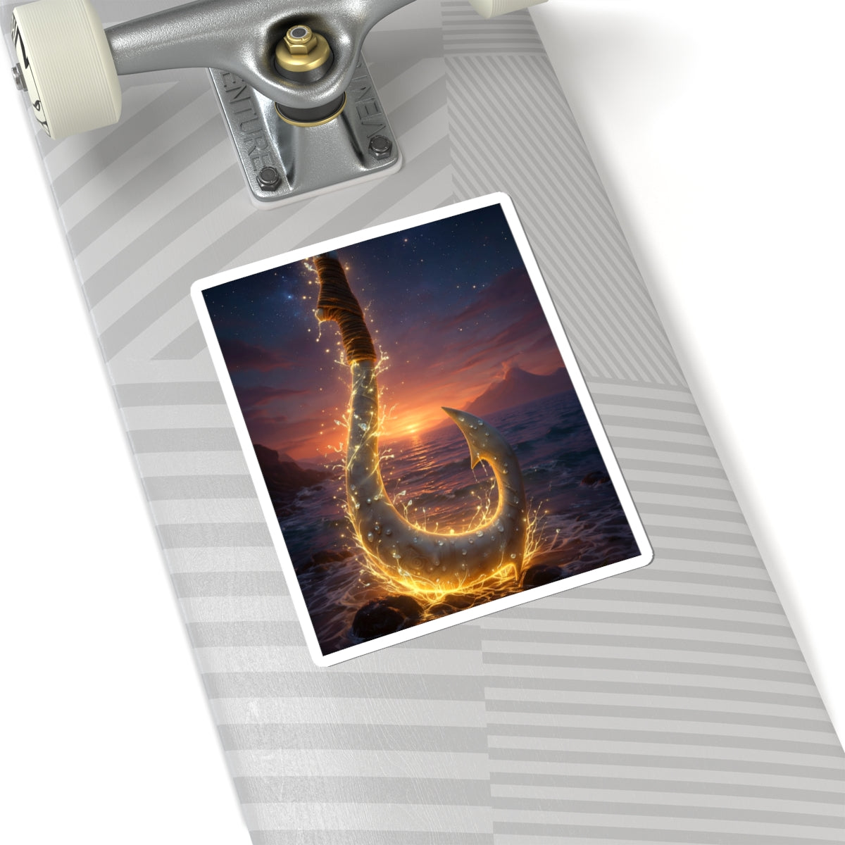 Golden Fishing Hook Sticker — Glowing Ocean Sunset Kiss-Cut Decal