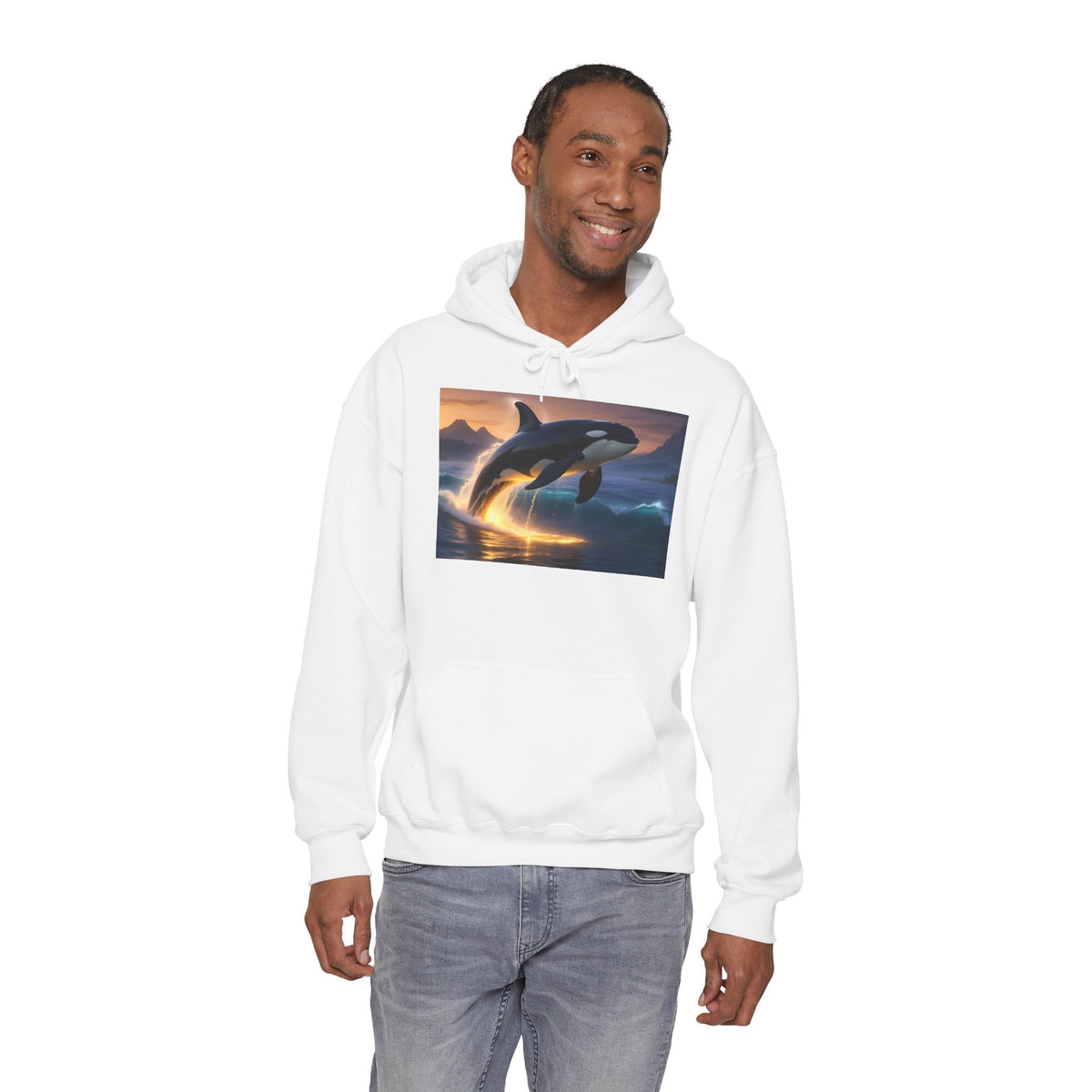 Orca Sunset Hoodie — Majestic Whale Jump Graphic Sweatshirt