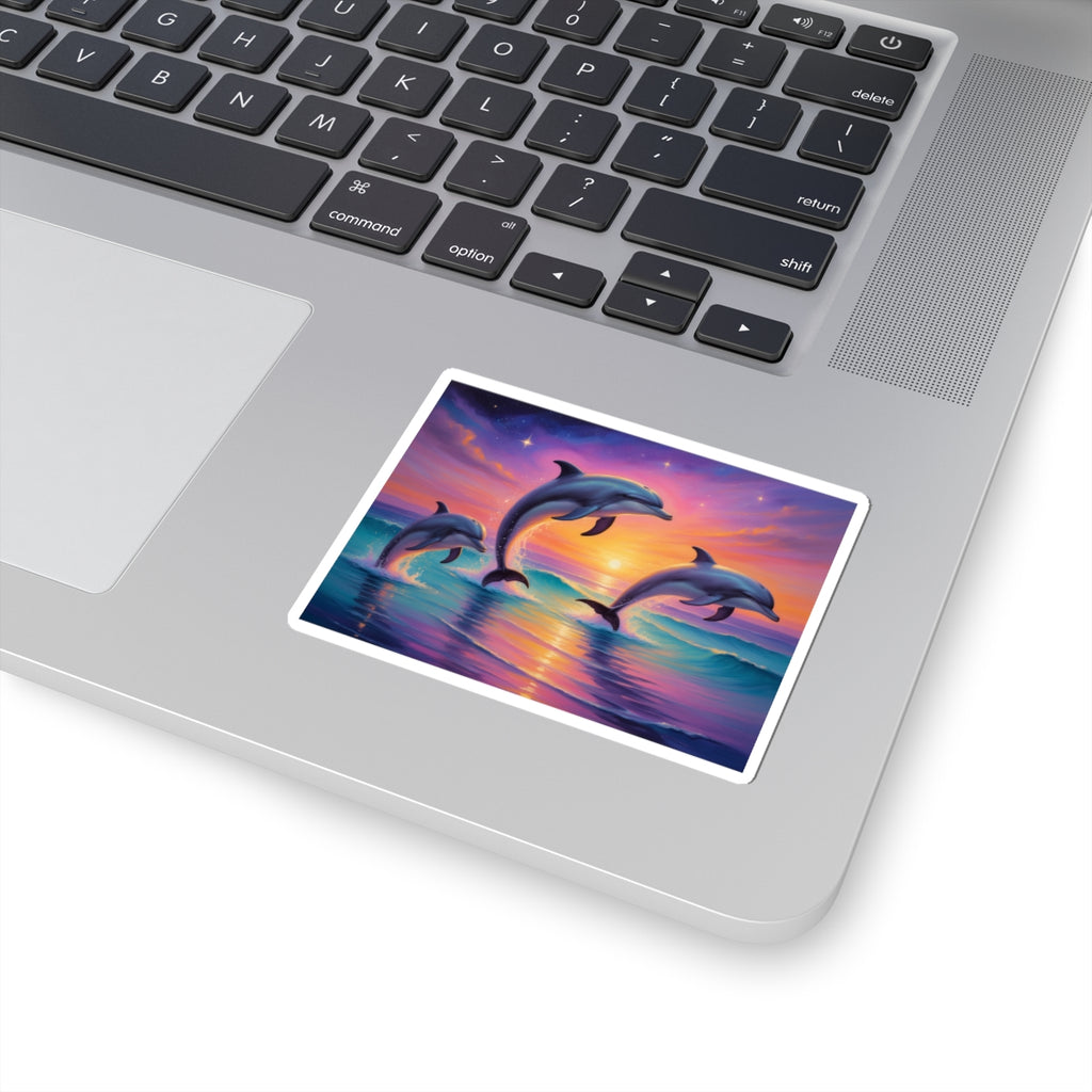 Dolphin Sunset Kiss-Cut Sticker — Vibrant Ocean Sunset Dolphin Decal