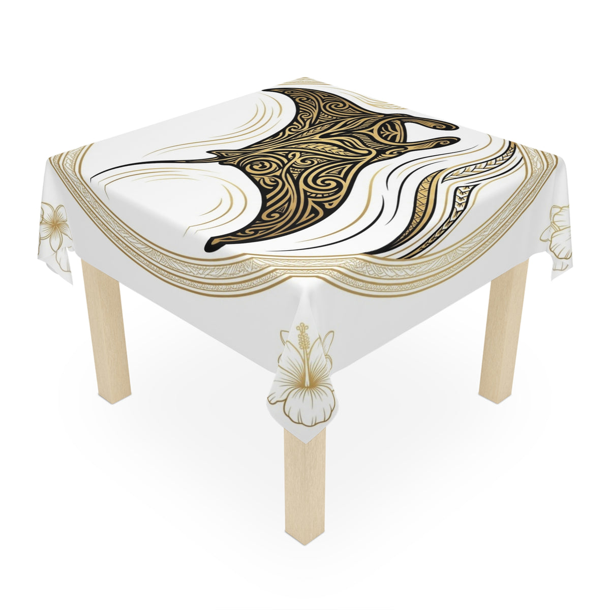 Manta Ray Tribal Art Tablecloth — Coastal Hawaiian Floral Beach Table Cover