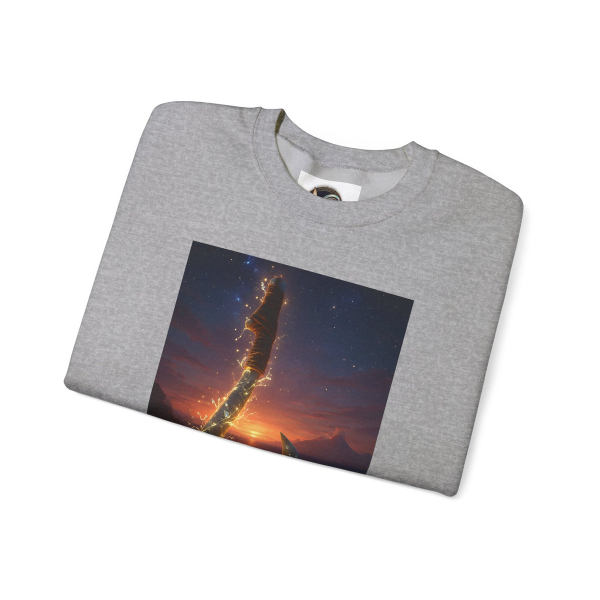 Crewneck Sweatshirt — Fiery Hook Graphic Crewneck (Stormy Sunset, Flaming Fish Hook)
