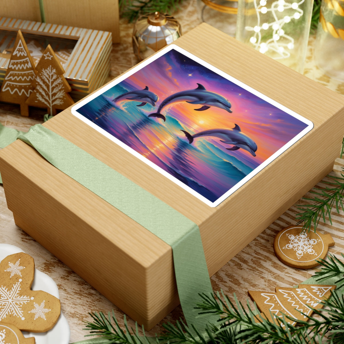 Dolphin Sunset Kiss-Cut Sticker — Vibrant Ocean Sunset Dolphin Decal