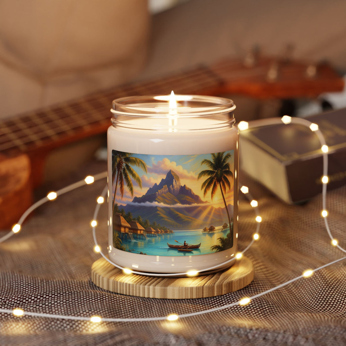 Tropical Island Soy Candle — 9oz Scented Candle with Sunset Beach Artwork