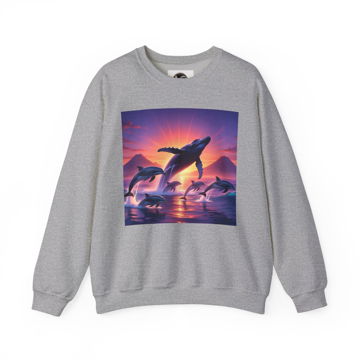 Whale Sunset Crewneck Sweatshirt — Ocean Dolphin Jump Graphic