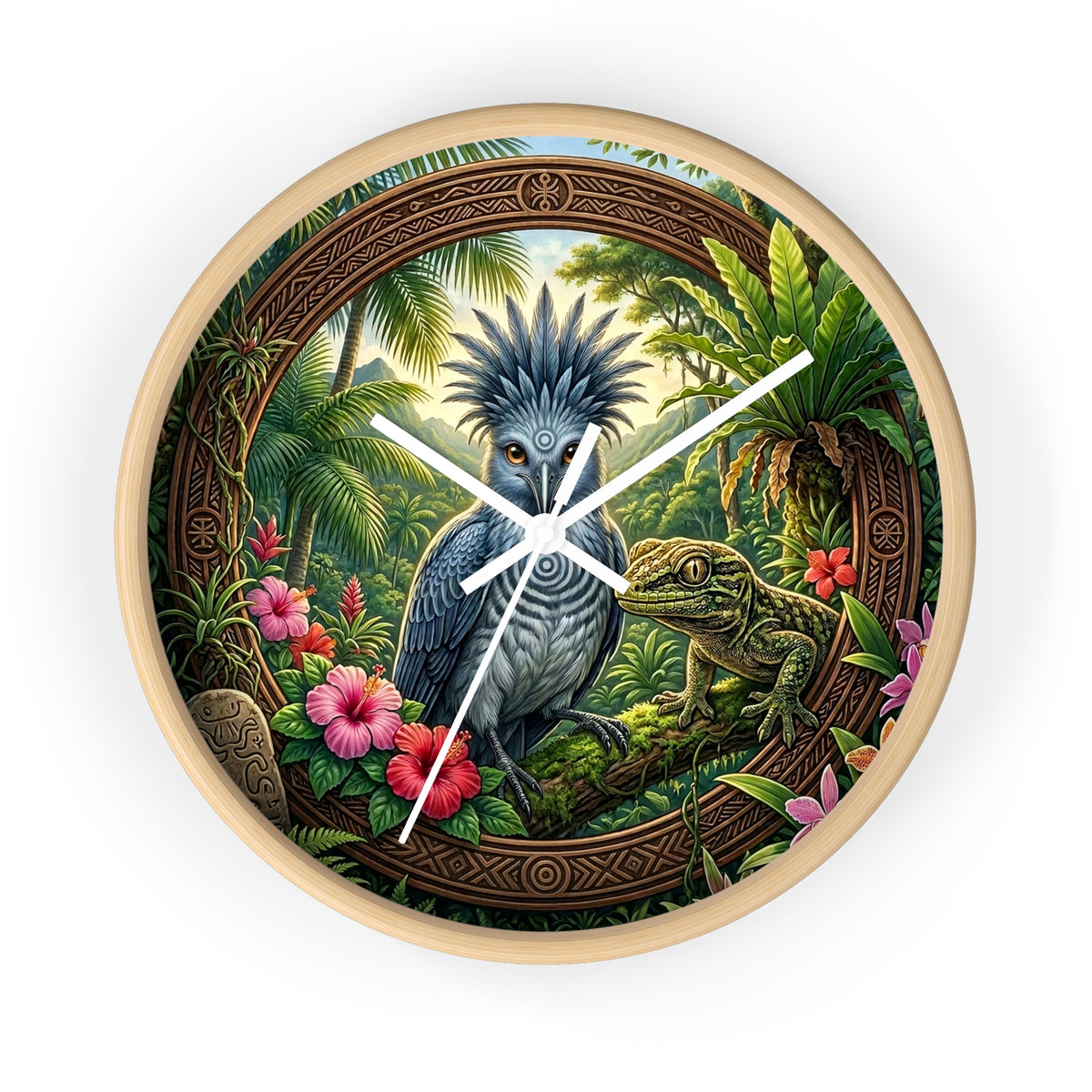 Tropical Bird Wall Clock — Blue Palm Cockatoo & Lizard Jungle Decor