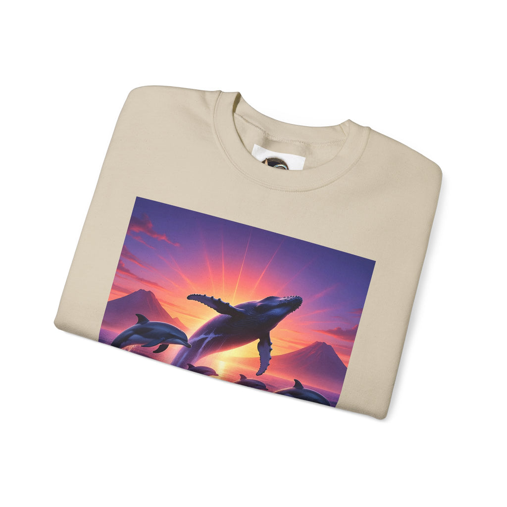 Whale Sunset Crewneck Sweatshirt — Ocean Dolphin Jump Graphic