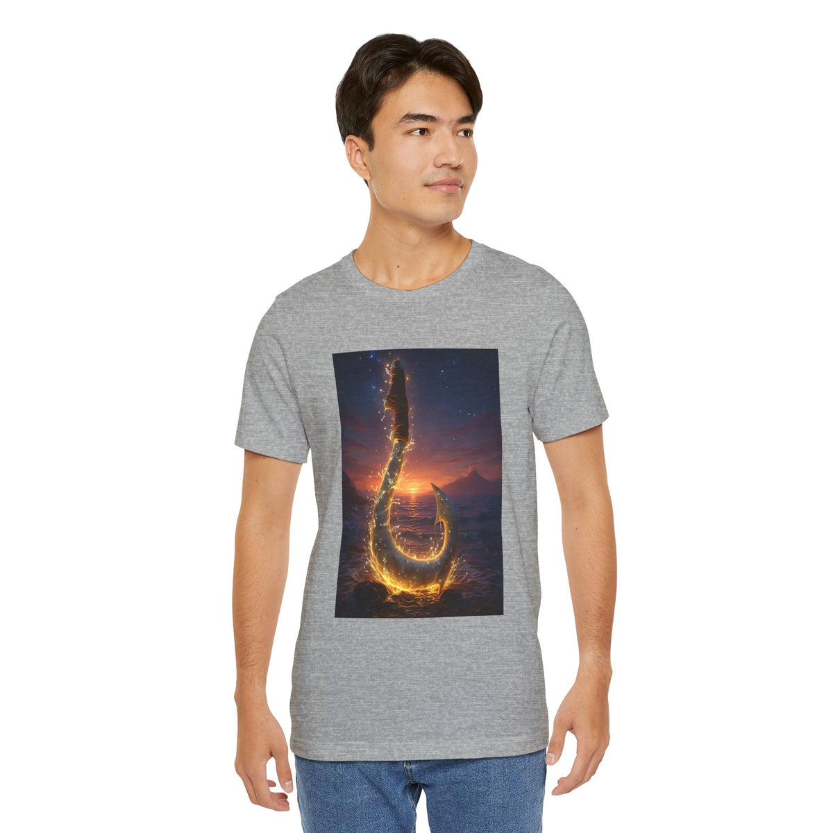 Fiery Hook Graphic Tee — Flaming Fishing Hook Sunset T-Shirt