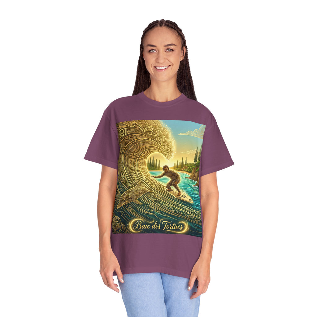 Surfer and Dolphin Wave T-Shirt | Vintage Coastal Surf Art