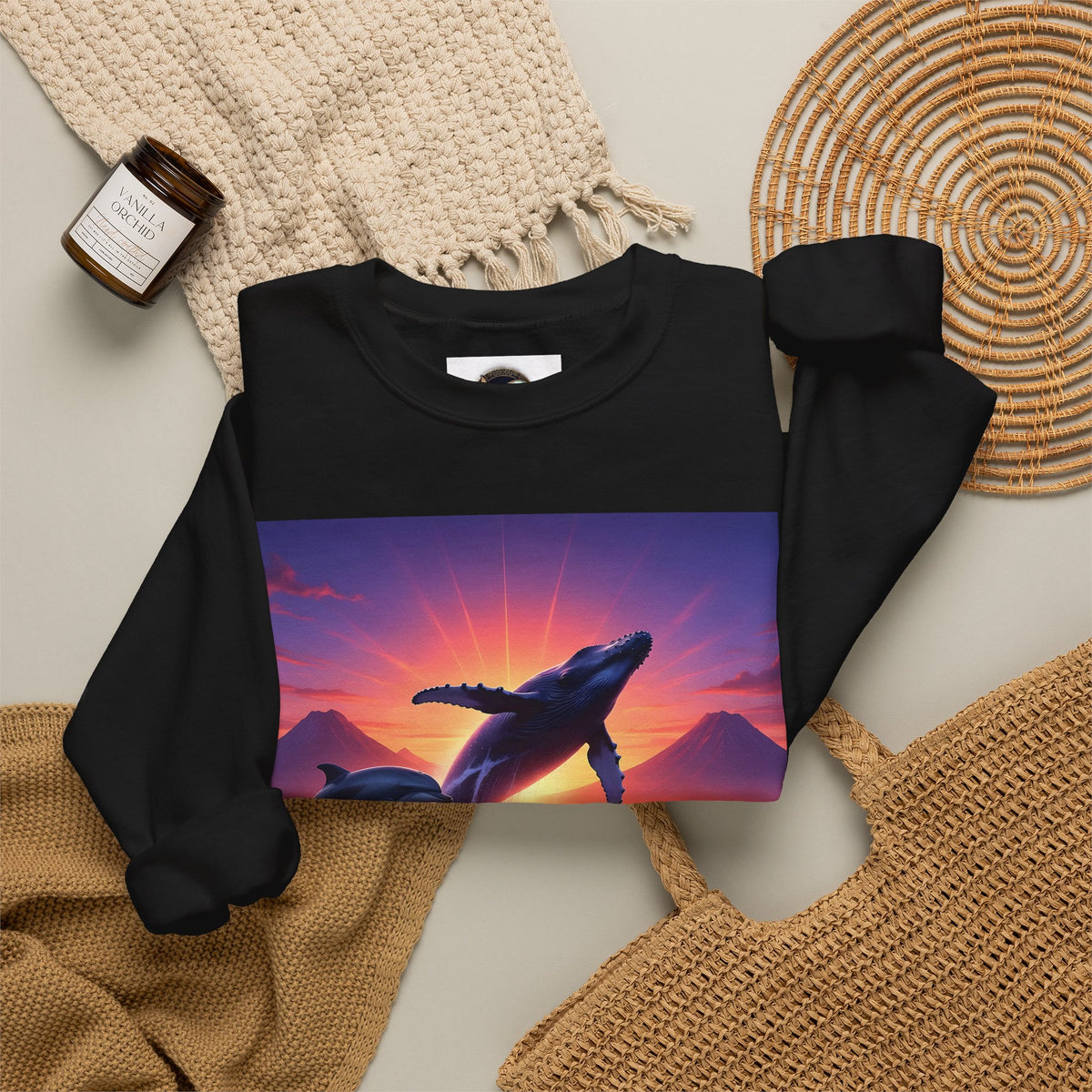 Whale Sunset Crewneck Sweatshirt — Ocean Dolphin Jump Graphic