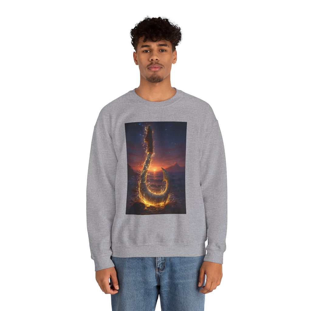 Crewneck Sweatshirt — Fiery Hook Graphic Crewneck (Stormy Sunset, Flaming Fish Hook)
