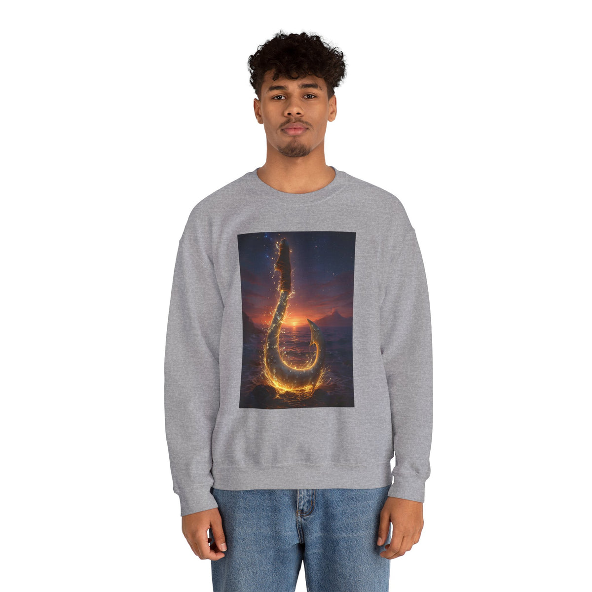Crewneck Sweatshirt — Fiery Hook Graphic Crewneck (Stormy Sunset, Flaming Fish Hook)