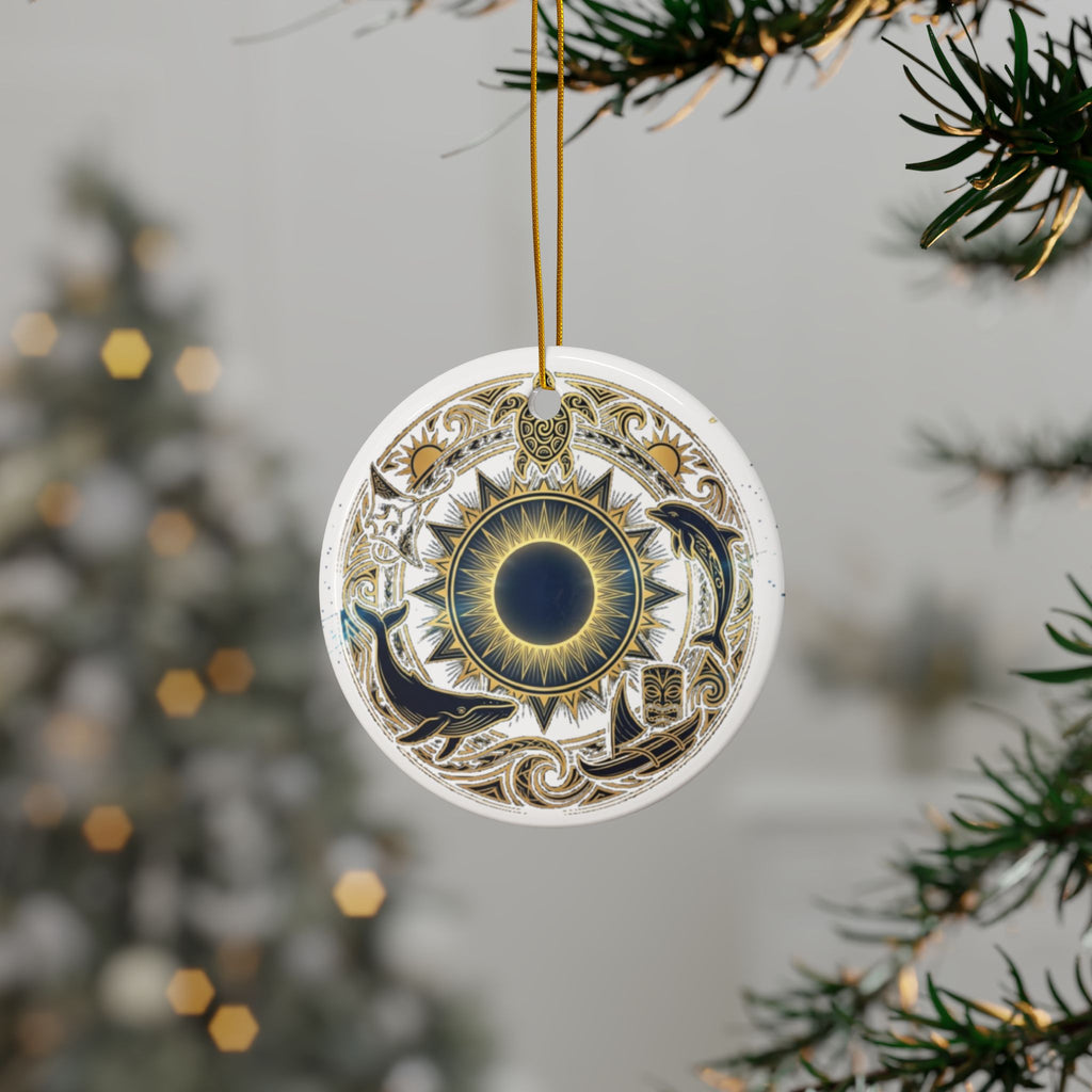 Nautical Mandala Ceramic Ornament — Double-Sided Dolphin & Sun Design