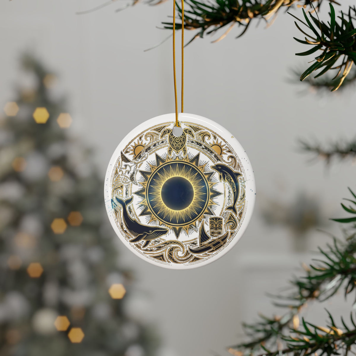 Nautical Mandala Ceramic Ornament — Double-Sided Dolphin & Sun Design