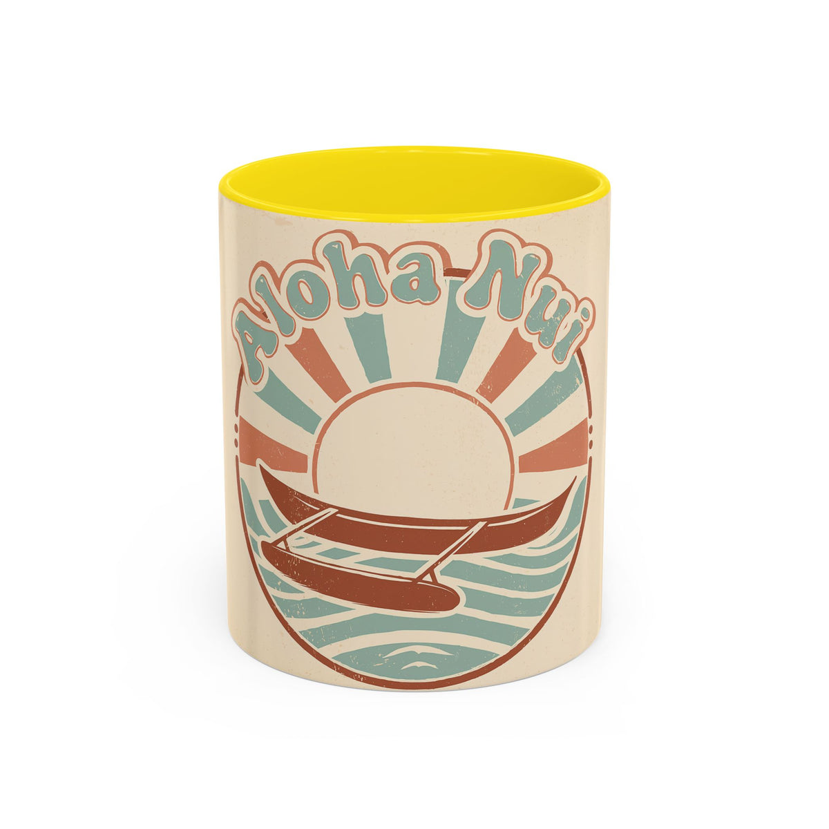 Aloha Nui Coffee Mug — Retro Hawaiian Canoe Sunset Accent Mug (11/15oz)