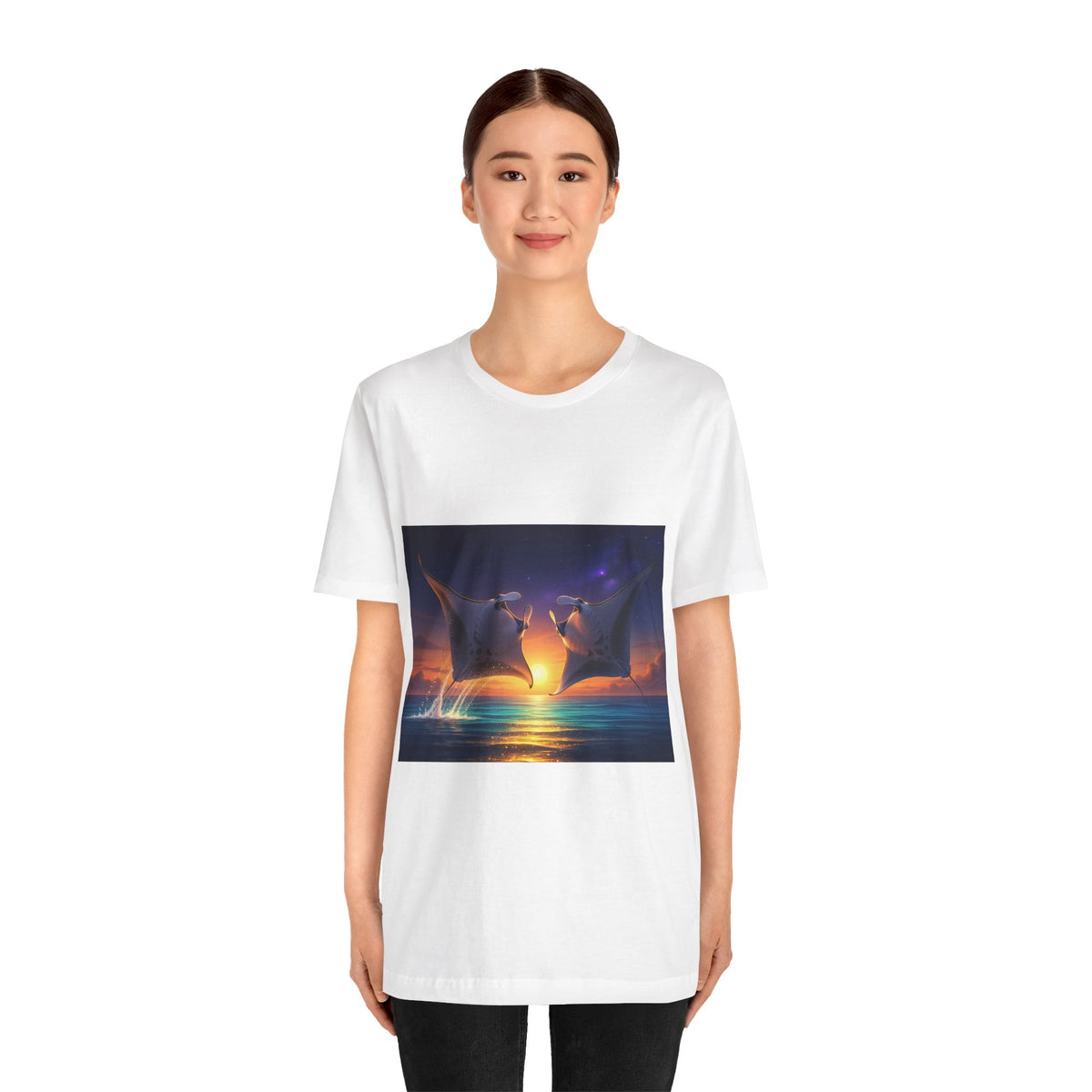 Sunset Manta Rays Graphic Tee — Ocean Sunset Dolphin-Style Art Shirt