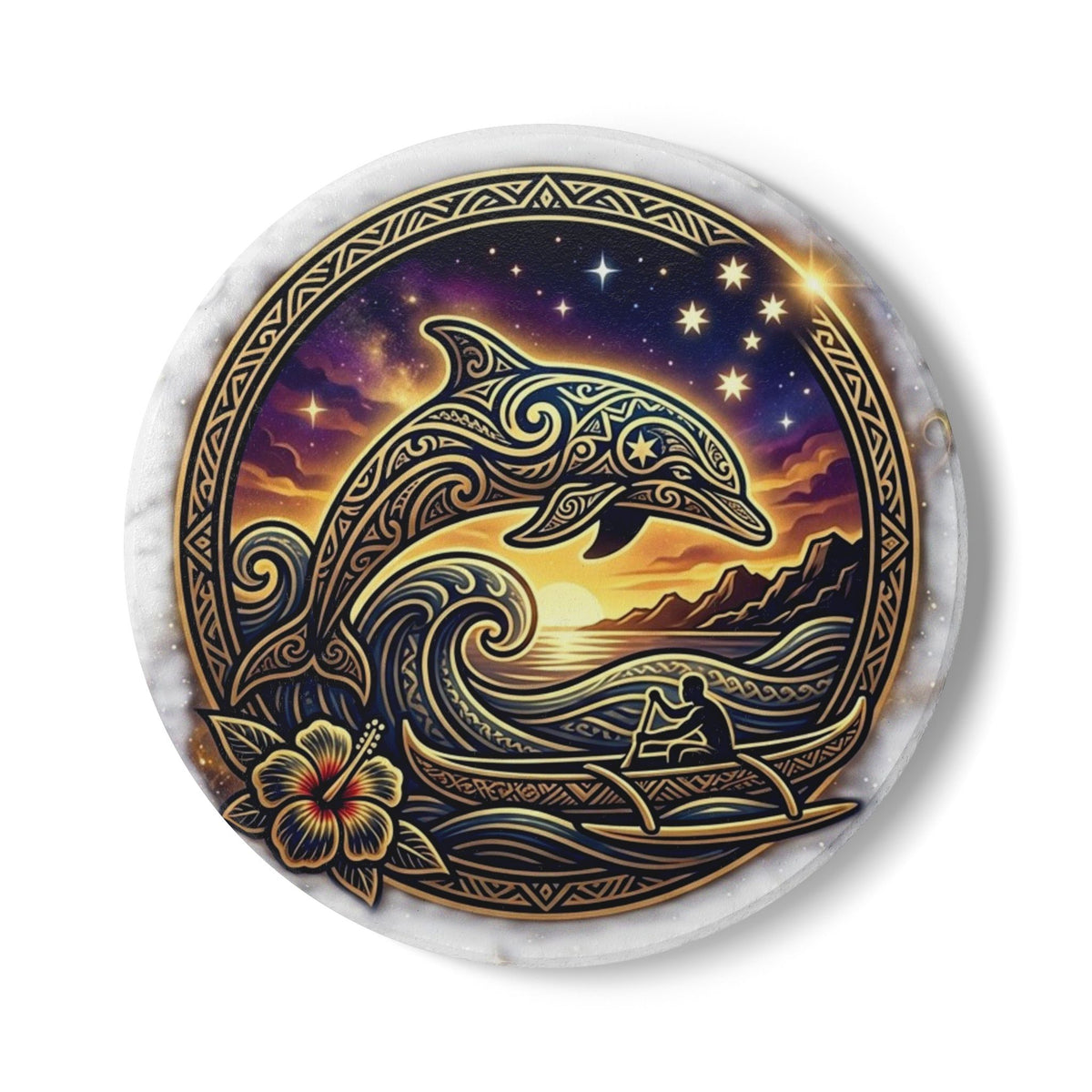 Dolphin Sunset Ceramic Coaster – Nautical Tribal Dolphin Drink Coaster